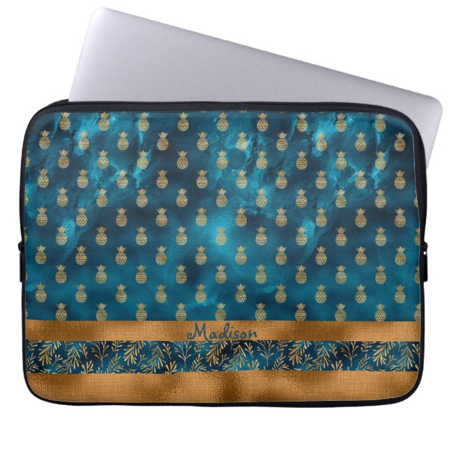Gold Teal Pineapple Floral Elegant Name Laptop Sleeve (Front)