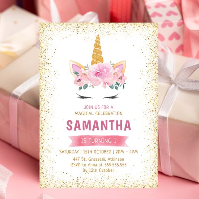 Gold Teal Pink Flowers Magical Unicorn Birthday Invitation (Creator Uploaded)