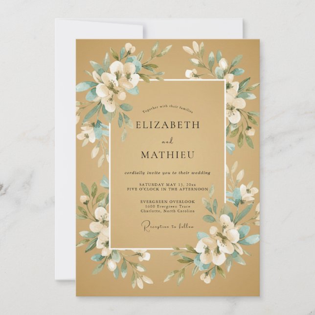 Gold Teal Ranunculus Eucalyptus Wedding Invitation (Front)