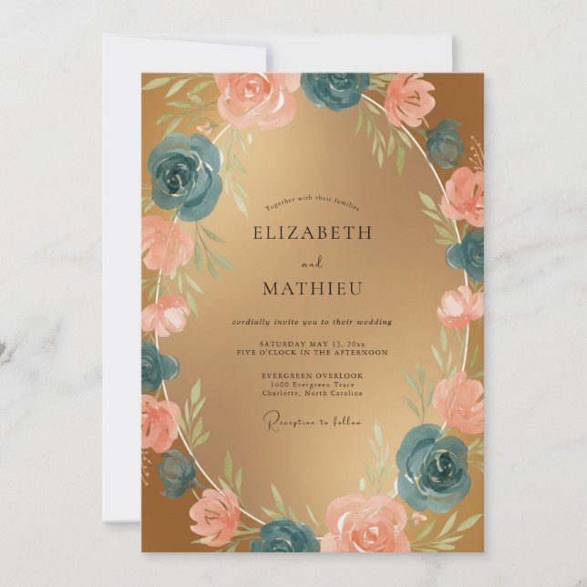 Gold Teal Ranunculus Soft Eucalyptus Wedding Invitation (Front)