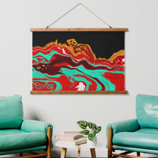 Gold, Teal, Red and Black Fluid Art Hanging Tapestry (Living Room)