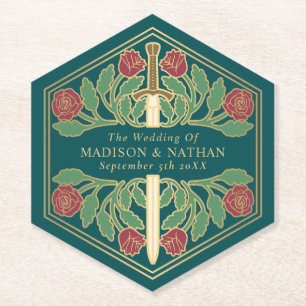 Gold Teal Royal Mediaeval Floral Sword Wedding Paper Coaster