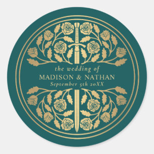 Gold Teal Royal Mediaeval Sword Wedding  Classic Round Sticker