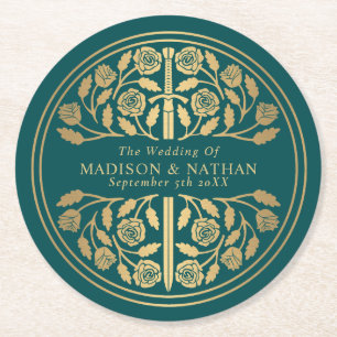 Gold Teal Royal Mediaeval Sword Wedding Round Paper Coaster