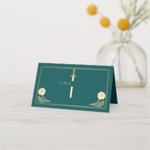 Gold Teal Royal White Floral Sword Wedding Place Card