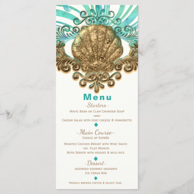 Gold & Teal Sea Shell Glam Beach Elegant Menu Card (Front)