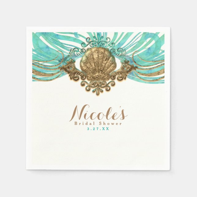 Gold & Teal Sea Shell Glam Beach Elegant Party Napkin (Front)