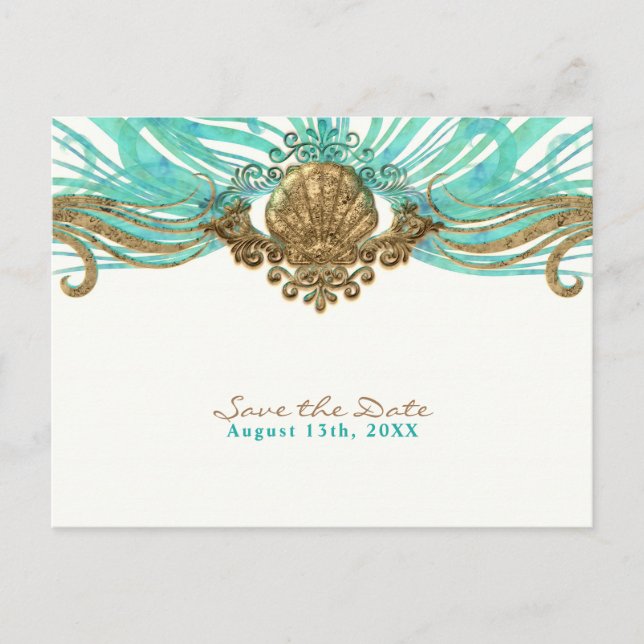 Gold & Teal Sea Shell Glam Beach Save the Date Announcement Postcard (Front)