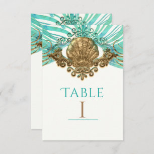 Gold & Teal Sea Shell Glam Beach Table Number Card