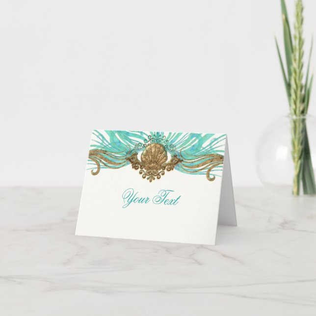 Gold & Teal Sea Shell Glam Beach Thank You Fold Card (Front)