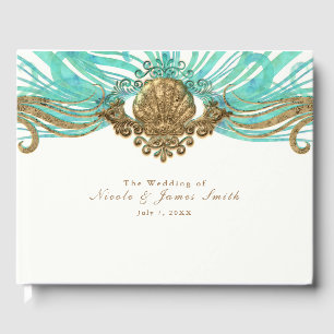 Gold & Teal Sea Shell Glam Beach Wedding Elegant Guest Book