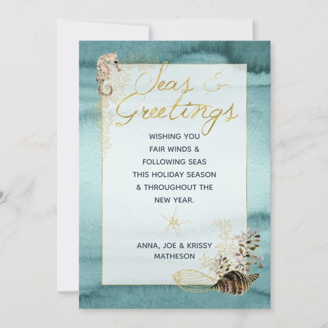 Gold & Teal Seas & Greetings Coastal Christmas Holiday Card (Front)