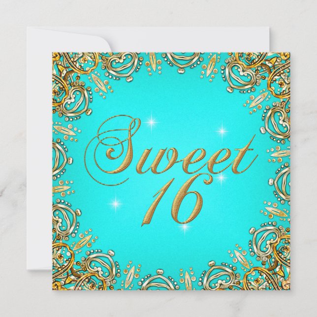Gold Teal Sweet Sixteen Sweet 16 Party Image Invitation (Front)