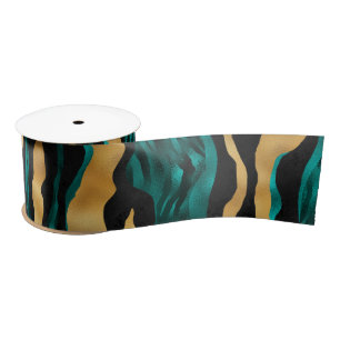 Gold Teal Tiger Stripes   Glam Abstract Animal Satin Ribbon