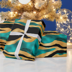 Gold Teal Tiger Stripes Glam Abstract Animal Wrapping Paper