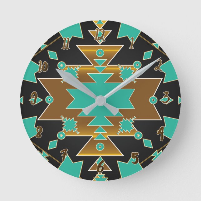 Gold & Teal Turquoise Black Grey Southwestern Glam Round Clock (Front)