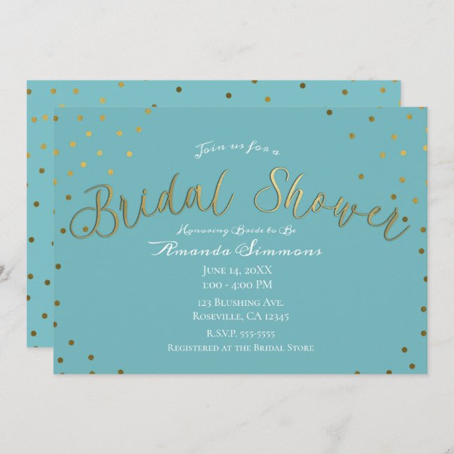 Gold & Teal Turquoise Modern Glam Bridal Shower Invitation (Front/Back)