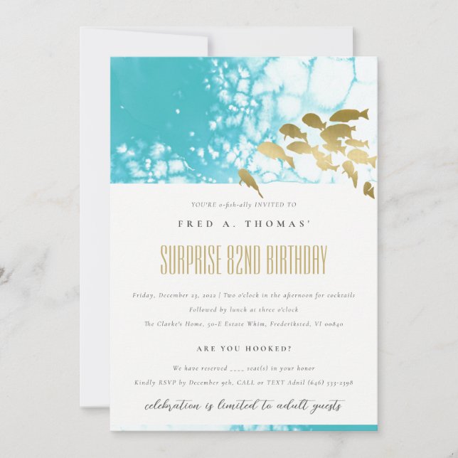 Gold Teal Underwater Fish Any Age Birthday Invite (Front)