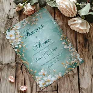 Gold Teal White Floral Marbled Spring Wedding Invitation