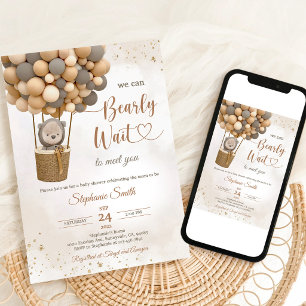 Gold Teddy Bear Balloon Baby Shower Invitation