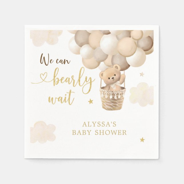 Gold Teddy Bear Hot Air Balloon Baby Shower Napkin (Front)