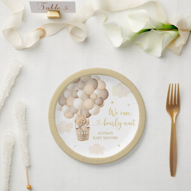 Gold Teddy Bear Hot Air Balloon Baby Shower Paper Plate (Wedding)