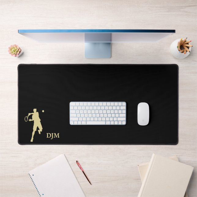 Gold Tennis Player Silhouette Monogram on Black Desk Mat (Office 1)