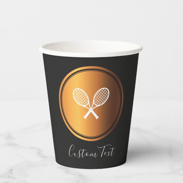 Gold Tennis Racket Elegant Sport Theme Party Black Paper Cups (Front)