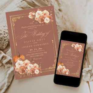 Gold Terracotta Floral Boho Rustic Wedding Invitation