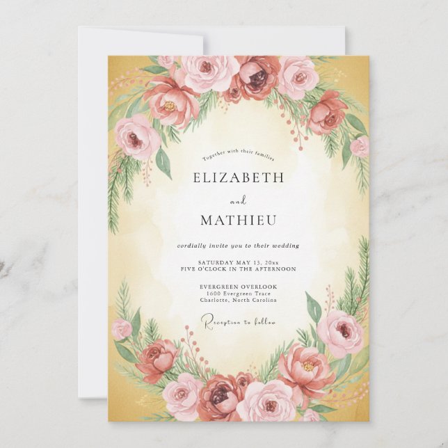 Gold Terracotta Ranunculus Eucalyptus Wedding Invitation (Front)