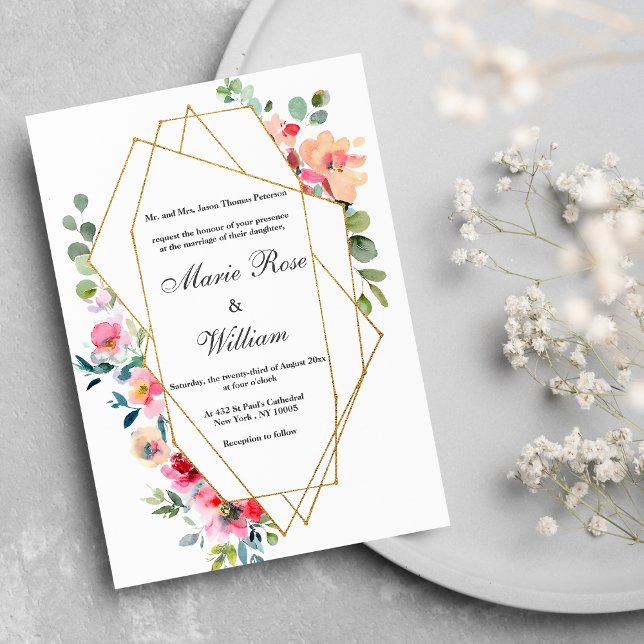 Gold terrarium white pink mint floral Wedding  Invitation (Pink lavender coral green floral theme wedding)