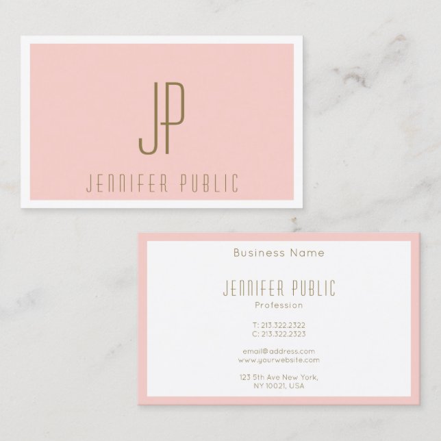 Gold Text Blush Pink Modern Template Monogrammed Business Card (Front/Back)
