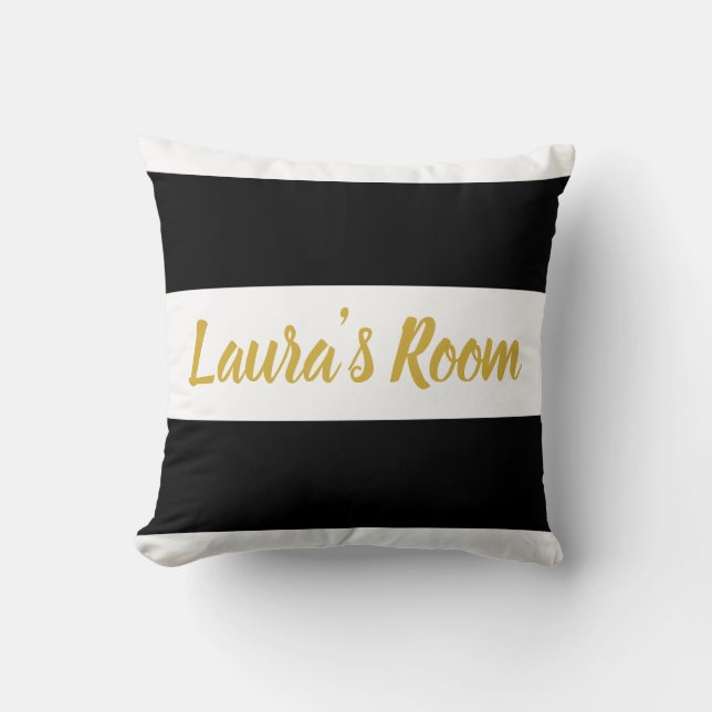 Gold Text Custom Name | Striped Black and White Cushion (Front)