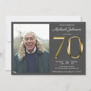 Gold Text Dark Grey Classy Photo 70th Birthday Invitation