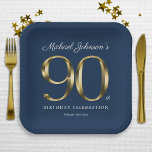 Gold Text Elegant Custom Navy Blue 90th Birthday Paper Plate<br><div class="desc">Gold Text Elegant Custom Navy Blue 90th Birthday Paper Plates. Simple yet classy birthday theme design with the birth year milestone in solid gold text effect! Elegantly design for any gender, male or female. Definitely a solid way to celebrate your birthday milestone! Check out the collection for co-ordinating items that...</div>