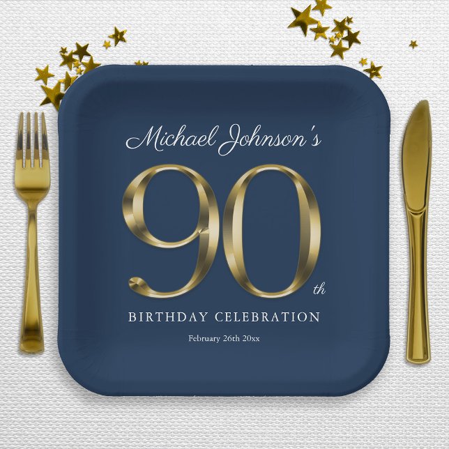 Gold Text Elegant Custom Navy Blue 90th Birthday Paper Plate (Gold Text Elegant Custom Navy Blue 90th Birthday Paper Plates)