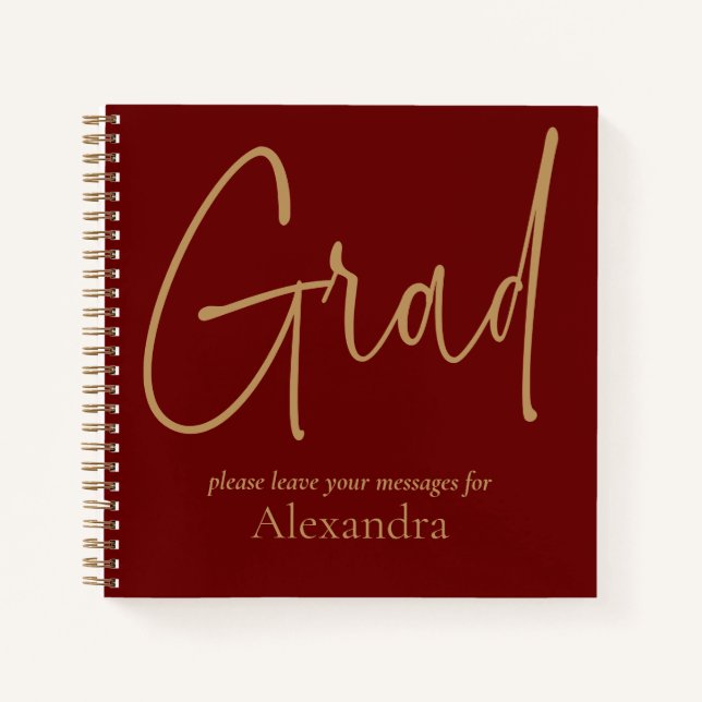 Gold Text Grad Name Graduation Burgundy Guest Book (Front)
