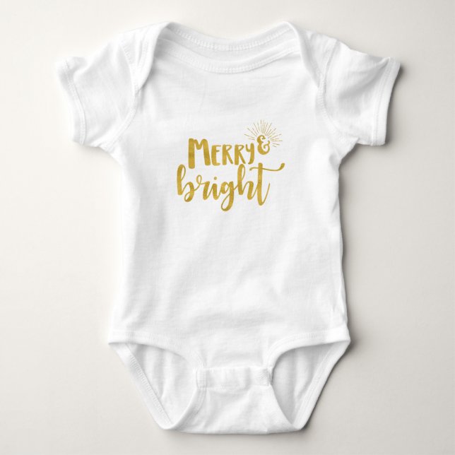 Gold Text Merry and Bright Christmas Baby Bodysuit (Front)