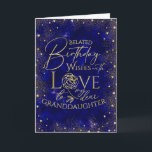 Gold Text Night Belated Birthday Granddaughter Card<br><div class="desc">This modern and visually enchanting belated birthday greeting card is designed especially for a granddaughter, inspired by the beauty of a night sky filled with shimmering gold dust and tiny heart details that resemble glowing stars. The deep, rich background creates a gentle and magical celestial atmosphere, while the gold accents...</div>