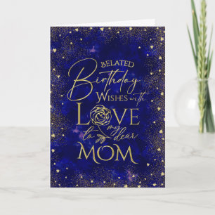 Gold Text Night Sky Belated Birthday Mom Card