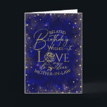 Gold Text Night Sky Belated Birthday Mother-In-Law Card<br><div class="desc">This modern and visually elegant belated birthday greeting card is designed especially for a mother-in-law, inspired by the beauty of a night sky filled with shimmering gold dust and tiny heart details that resemble glowing stars. The deep, rich background creates a calm and graceful celestial atmosphere, while the gold accents...</div>