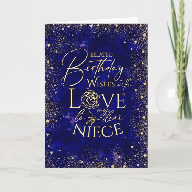 Gold Text Night Sky Belated Birthday Niece Card (Front)