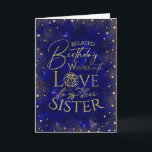 Gold Text Night Sky Belated Birthday Sister Card<br><div class="desc">This modern and visually striking belated birthday greeting card is designed especially for a sister, inspired by the beauty of a night sky filled with shimmering gold dust and tiny heart details that resemble glowing stars. The deep, rich background creates a calm yet celebratory celestial atmosphere, while the gold accents...</div>