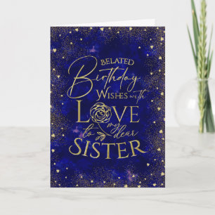 Gold Text Night Sky Belated Birthday Sister Card