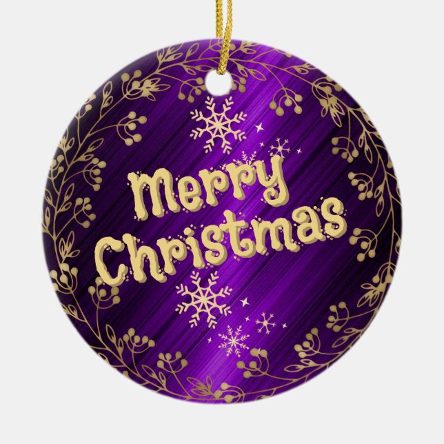 Gold Text on Purple Background Ceramic Tree Decoration (Front)
