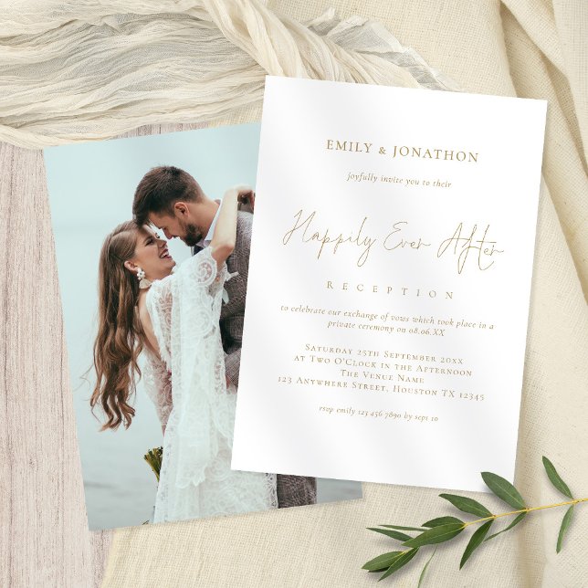 Gold Text Photo Happily Ever After Wedding Invitation (Front and back view. Available digitally or printed)