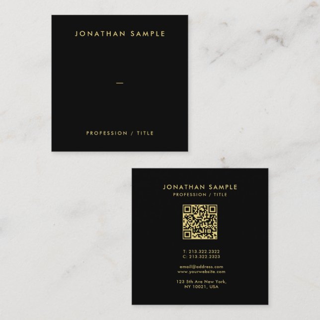 Gold Text QR Code Elegant Black Template Premium Square Business Card (Front/Back)