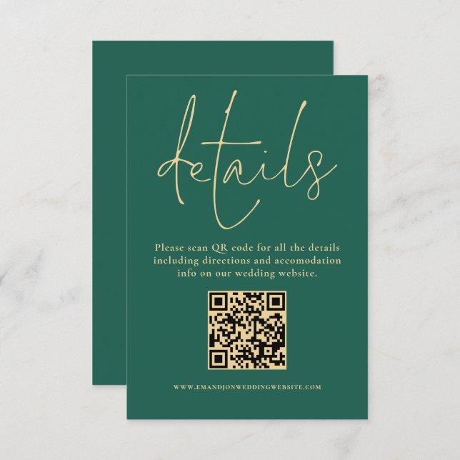 Gold Text QR Code Wedding Emerald Green Details  Enclosure Card (Front/Back)