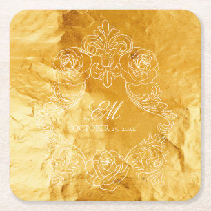 Gold Texture Vintage Monogram Crest Wedding Logo Square Paper Coaster