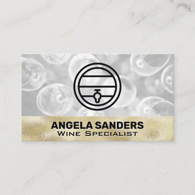 Gold Texture Wine Glasses | Wine Barrel Business Card (Front)